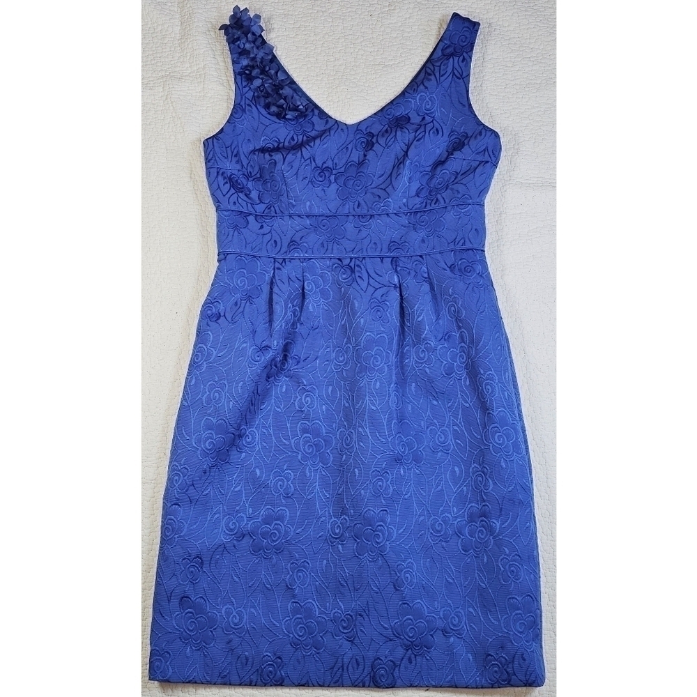 Tahari ASL Blue Jacquard Floral Sleeveless Dress